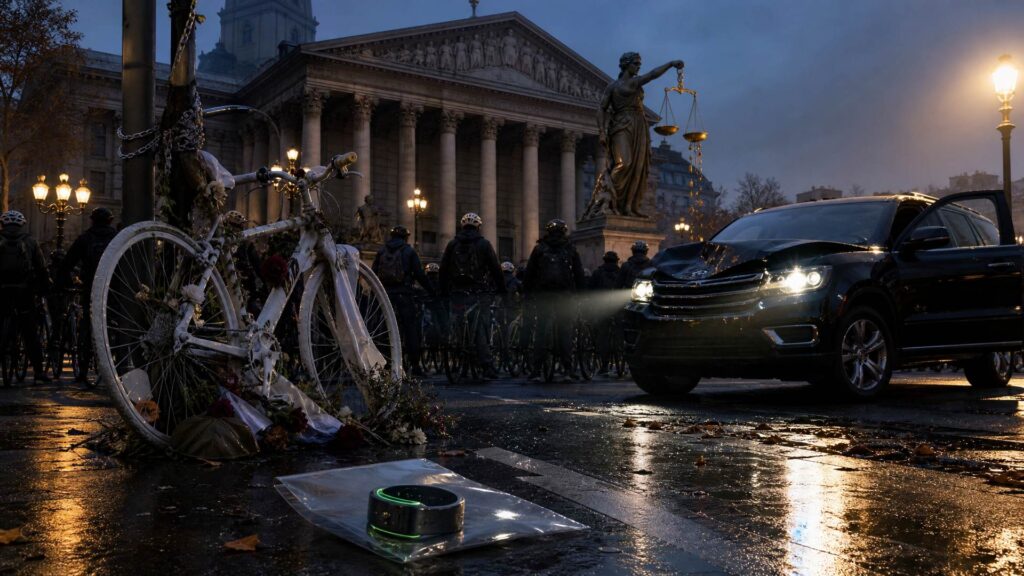 Vélo blanc de mémoire enchaîné à un poteau sur une piste cyclable mouillée, bracelet électronique posé au sol près de lui, SUV noir phares allumés, façade d'un palais de justice et silhouettes de cyclistes au crépuscule