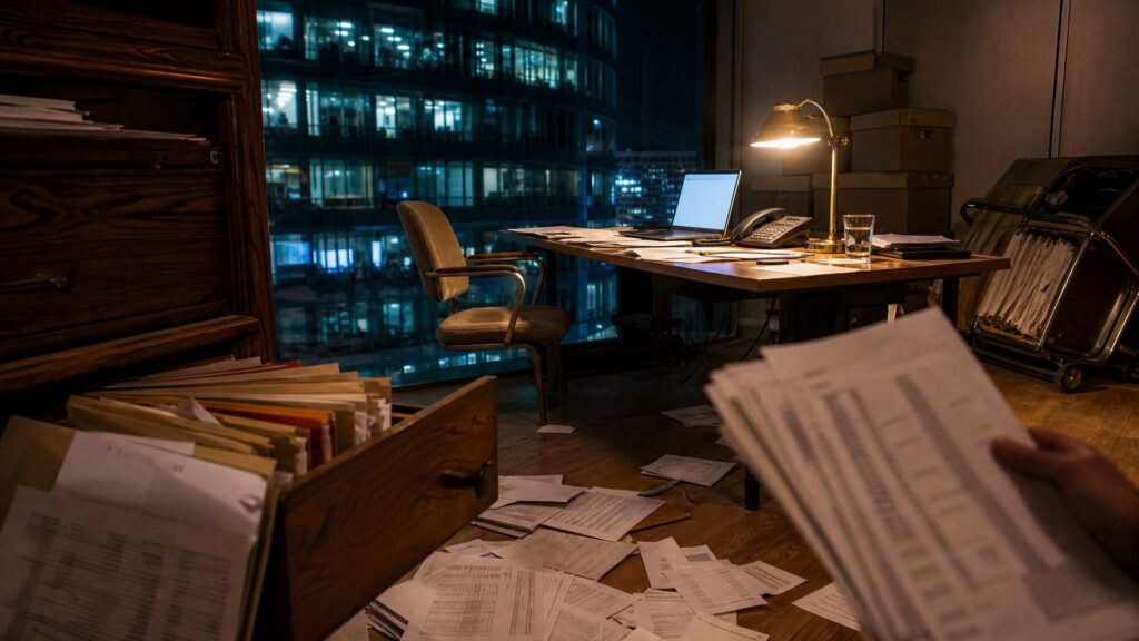 Bureau de nuit : un classeur en bois ouvert, des chemises et des feuilles imprimées répandues sur le parquet, une main tenant une liasse au premier plan, un ordinateur portable allumé sur une table en chêne près d'une lampe de laiton, et derrière la baie vitrée la ville éclairée dans le bleu de la nuit.