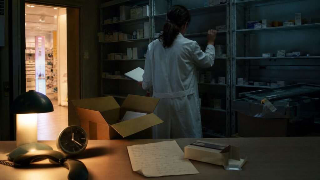 Illustration éditoriale générée par IA : réserve de pharmacie avec rayons à moitié vides, caisse de stock de sécurité au sceau rompu, pharmacienne anonyme de dos, boîtes de médicaments et ordonnance sur le comptoir.