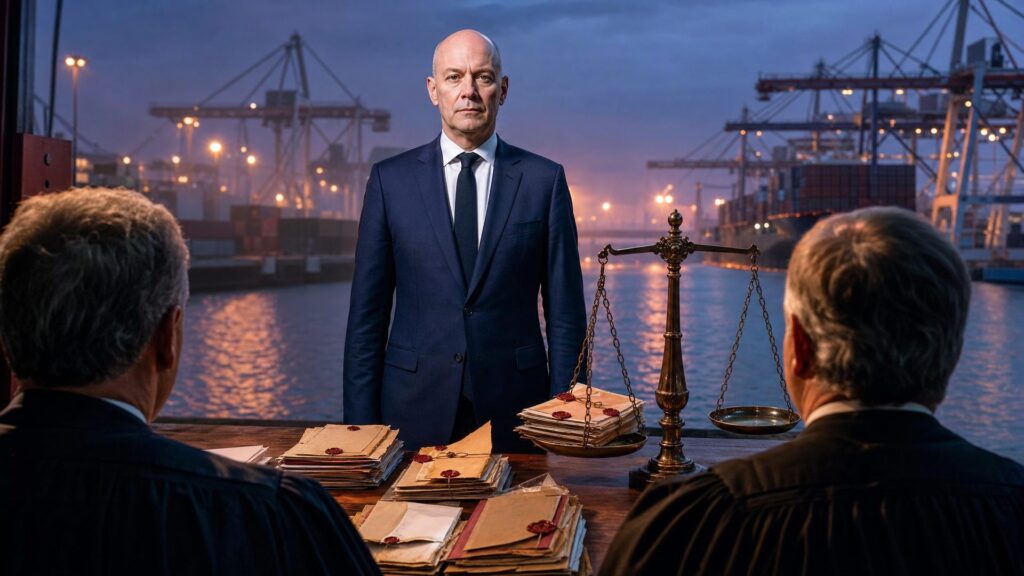 Édouard Philippe, crâne rasé, debout derrière une table couverte de dossiers scellés, face à deux magistrats en robe vus de dos, une balance de bronze entre eux, grues et conteneurs du port au crépuscule.