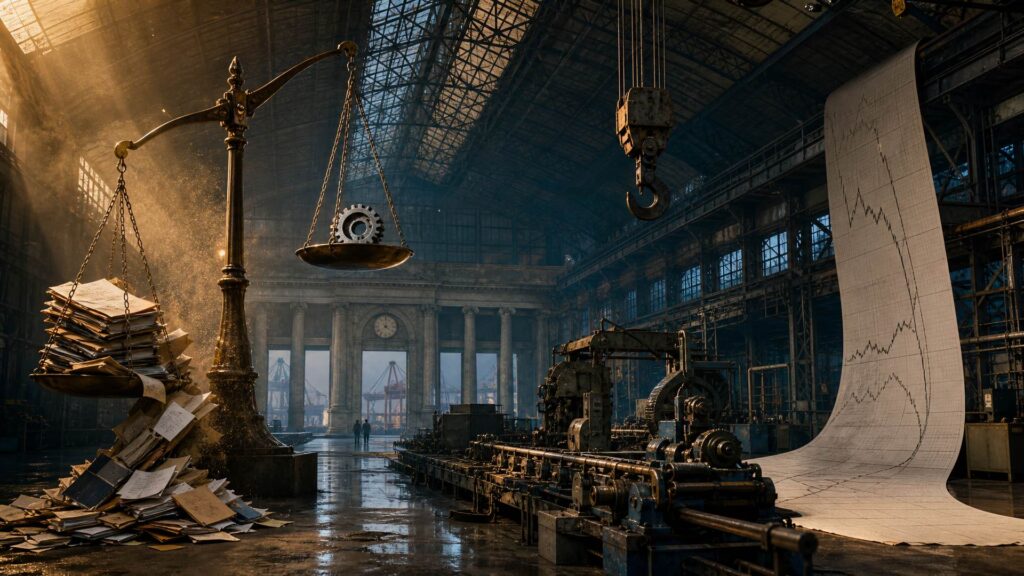 Halle industrielle monumentale : chaîne de montage arrêtée, balance de bronze dont le plateau chargé de documents penche vers le sol, bande de papier statistique déroulée du plafond avec une courbe qui s'aplatit, colonnade et horloge arrêtée au fond.