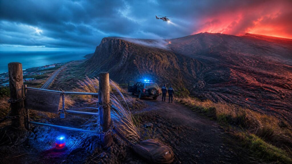 Au pied du Piton de la Fournaise, une barrière de bois fermée par une chaîne et un cadenas barre un sentier de basalte ; derrière elle un 4x4 de gendarmerie bleu nuit est arrêté, gyrophare allumé, deux silhouettes en tenue sombre lui tournent le dos ; à l'arrière-plan le rempart sombre de l'Enclos, une mer de lave figée, la lueur rouge du cratère sous les nuages et un hélicoptère rouge et blanc en vol stationnaire.