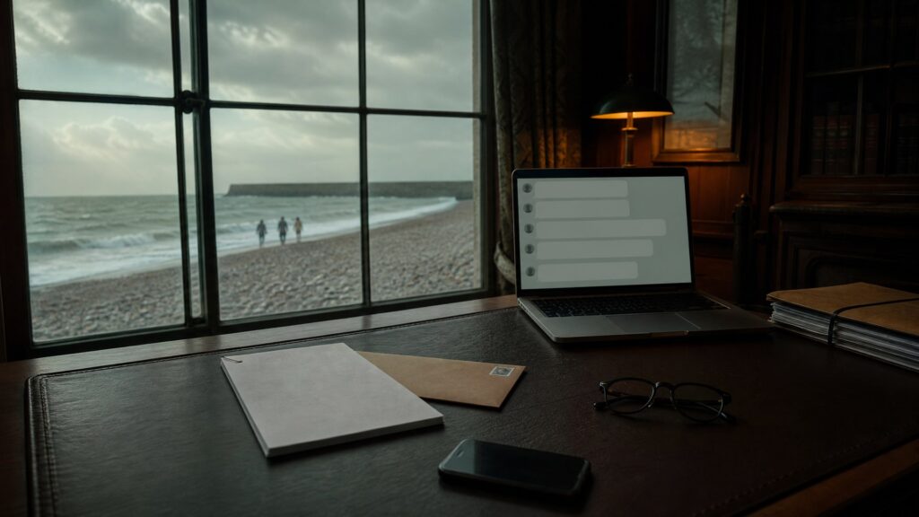 Illustration éditoriale générée par IA : bureau avec une plainte aux pages vierges et un téléphone posé face contre table, ordinateur aux rangées de bulles de commentaires vides, fenêtre ouverte sur une plage balayée par le vent avec quelques silhouettes lointaines et floues.
