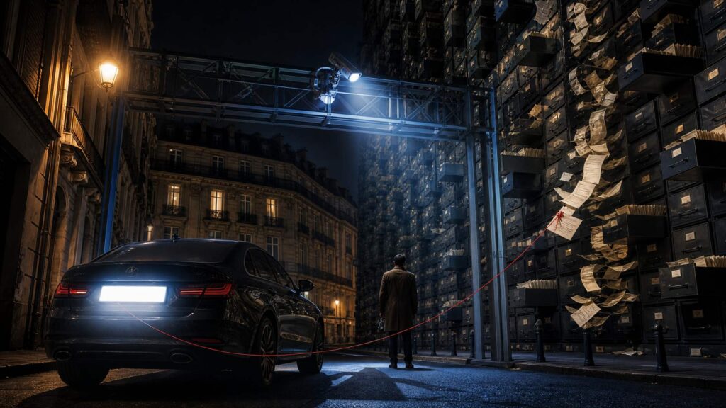 Une berline sombre stationnée de nuit dans une rue française, sa plaque d'immatriculation surexposée par un flash ; un automobiliste vu de dos fait face à un portique de lecture automatique, devant un mur monumental de tiroirs d'archives dont s'échappent des fiches, reliées à la voiture par un fil rouge.