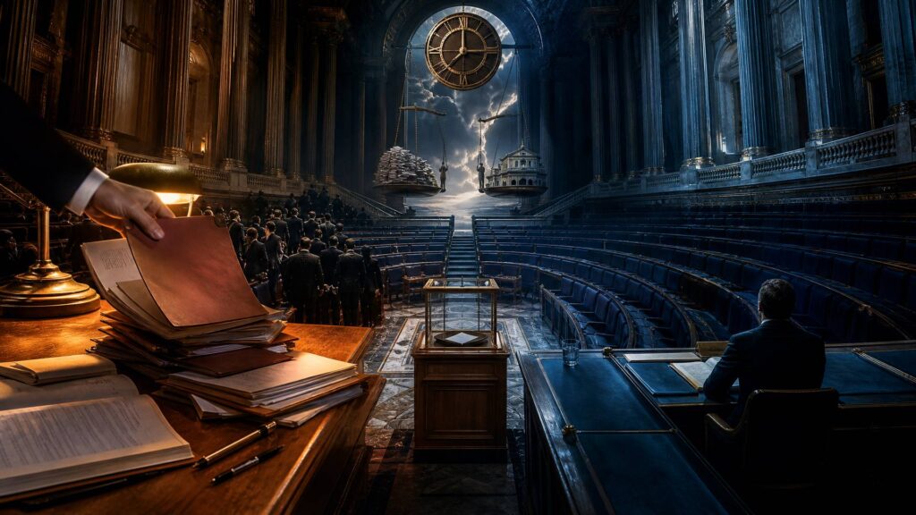 Hémicycle de l'Assemblée nationale vu de la tribune : à gauche, une main referme un dossier sur une table de bois couverte de documents sous une lampe de laiton ; au centre, une urne de verre devant un bulletin plié ; à droite, des rangées de sièges de velours bleu vides et un homme de dos ; au-dessus, une horloge monumentale et une balance penchée