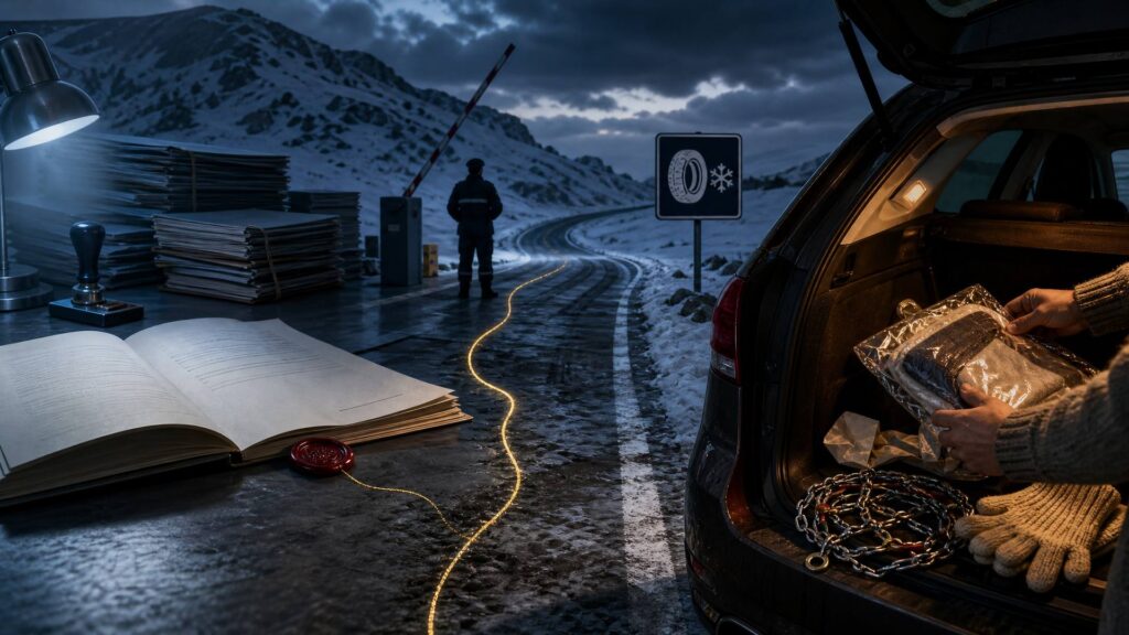 Route de montagne enneigée au crépuscule : barrière de contrôle et panneau de zone hiver au premier plan, voiture ouverte dont le coffre contient des chaînes et des gants, table de contrôle avec documents et tampon de laiton au plan moyen, col et versant boisé à l'arrière-plan. Personne n'est identifiable.