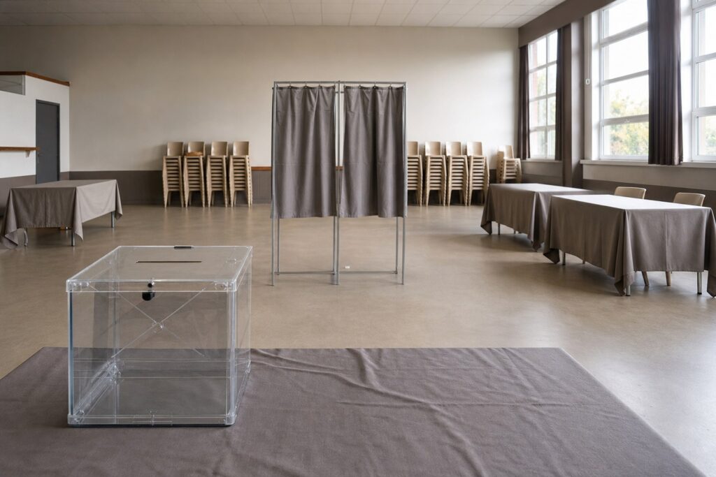 Bureau de vote désert avec isoloir à rideau gris et urne transparente sur une table
