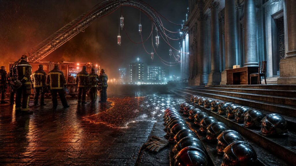 Parvis d'une préfecture la nuit sous la pluie : des dizaines de casques de sapeurs-pompiers alignés en rangs sur les marches de pierre, un gant posé près d'eux ; à gauche, une colonne de sapeurs-pompiers en tenue sombre à bandes réfléchissantes, vus de dos, autour d'un fourgon d'incendie aux feux allumés ; au-dessus, une grande échelle aérienne courbée en arche d'où pendent des poches de perfusion reliées à des tuyaux rouges ; à droite, la façade monumentale à colonnes d'un bâtiment officiel et ses marches ; au sol, des braises orange et des reflets blancs en forme de croix ; à l'arrière-plan, des immeubles et un bâtiment surmonté d'une croix. Aucune personne identifiable, aucun texte lisible.