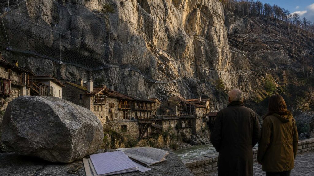 Sous une immense falaise calcaire équipée d'un filet pare-blocs, un village de maisons de pierre et de bois domine une rivière verte ; au premier plan, un gros bloc de pierre gris posé sur un muret de pierre sèche, des élus en manteaux autour d'un plan déplié et d'un budget annoté, face à un éboulement qui traverse la route.