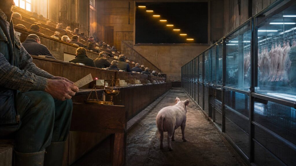 Salle des ventes au cadran d’un marché porcin : à gauche, des éleveurs de dos sur des gradins de bois en lumière chaude, une balance de laiton et une fiche de vente ; au centre, un porc seul dans un couloir vide ; à droite, derrière une paroi de verre, des carcasses suspendues dans une lumière froide ; au fond, un tableau lumineux sans chiffre lisible.
