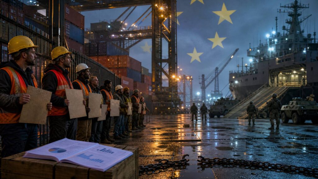 Des dockers casqués et en gilet de sécurité, alignés derrière une grille de terminal à conteneurs, face à un navire militaire gris, des véhicules blindés et des soldats sur le quai, sous des étoiles européennes projetées dans le ciel de nuit.