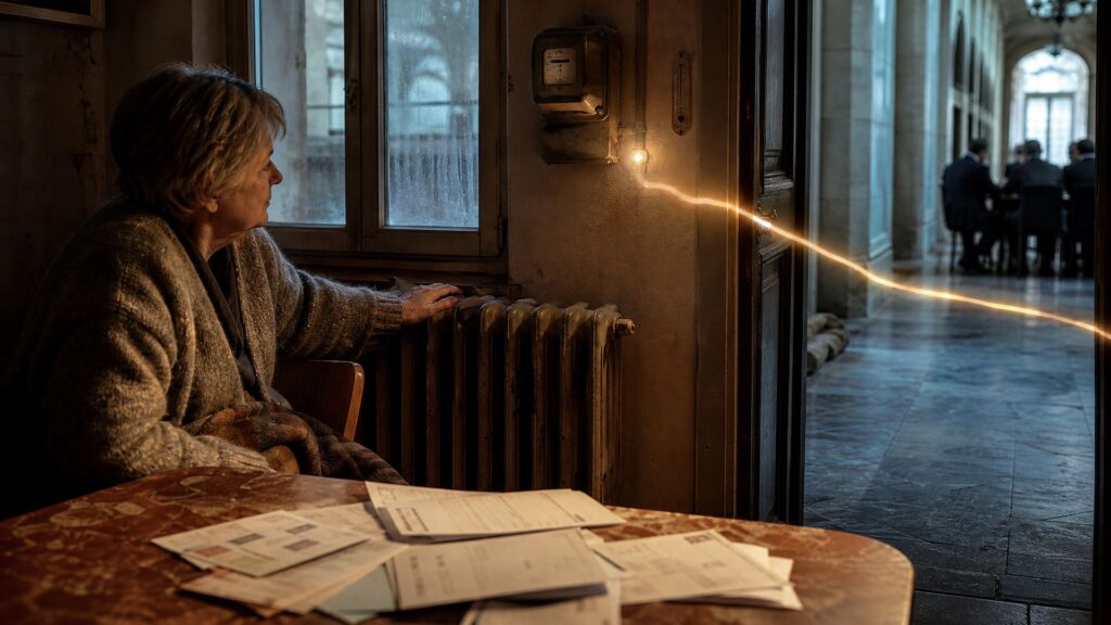Dans un appartement modeste, une femme d’environ 60 ans, gilet de laine et couverture sur les genoux, la main posée sur un vieux radiateur en fonte; des factures sur la table, un compteur électrique au mur. À droite, un long couloir de pierre froid, avec des silhouettes en costume réunies au fond; un filet de lumière dorée part du compteur et s’interrompt avant le couloir.