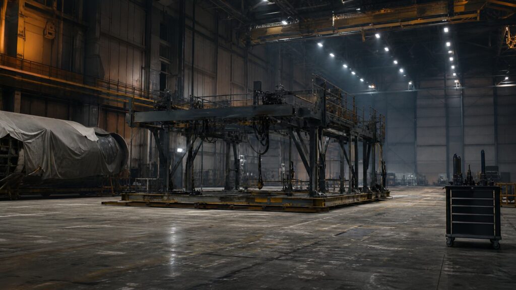 Hall d'assemblage aéronautique vide avec un gabarit d'assemblage sans avion