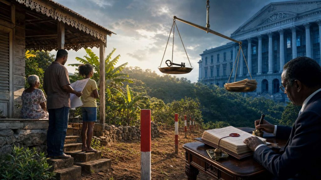 Scène de fin de journée en Martinique : une famille de trois générations devant une maison créole en bois, des bornes de géomètre rouge et blanc coupant la parcelle, un bureau de notaire avec un acte scellé, un bâtiment administratif à colonnes dans une lumière froide et une balance de laiton penchée entre une clé de maison et une liasse de documents.