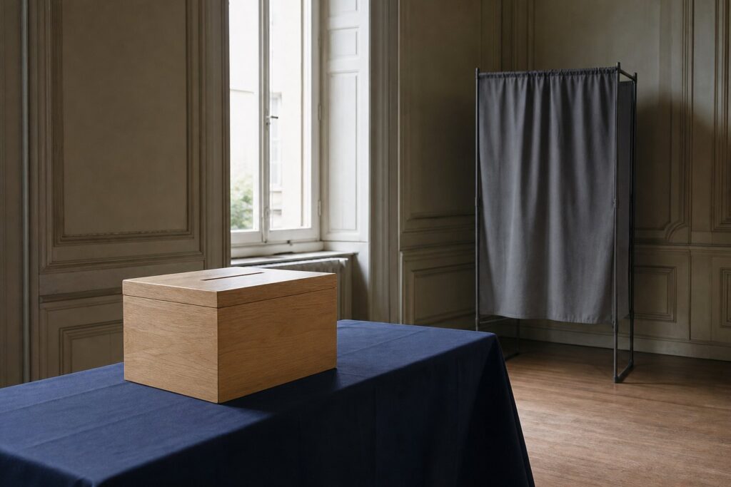 Urne électorale en bois sur une table drapée de bleu, isoloir au rideau gris.