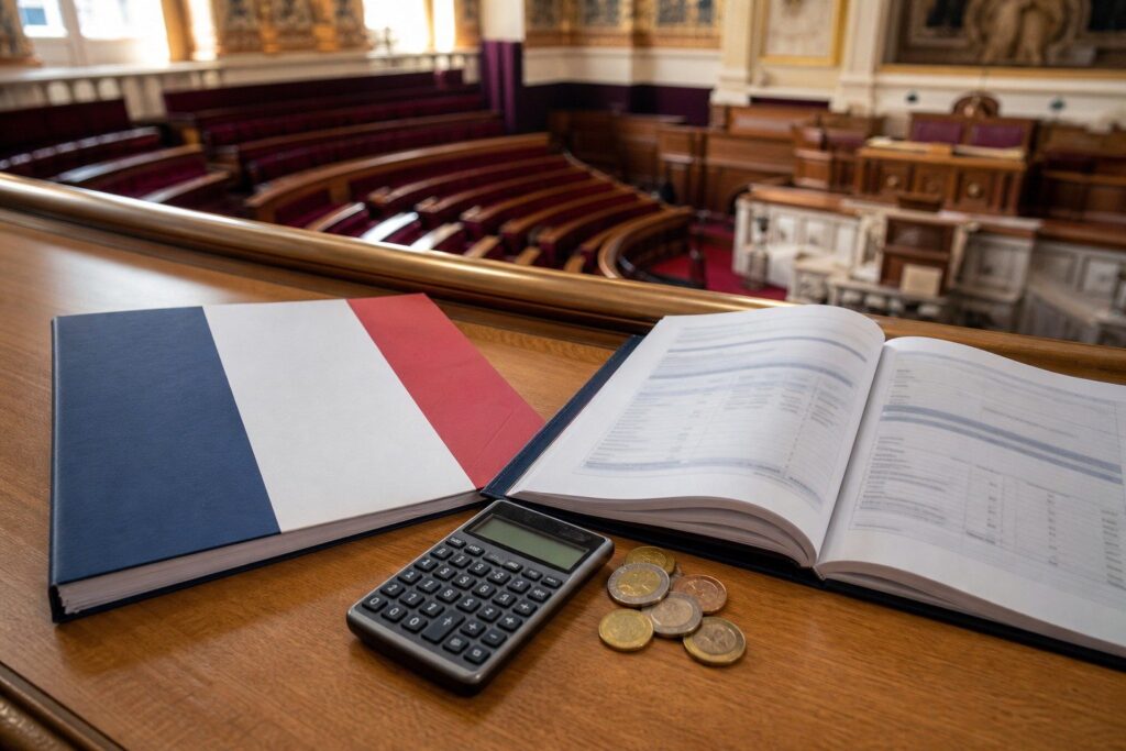 Salle parlementaire vide, dossier tricolore, pièces et calculatrice posés sur un bureau
