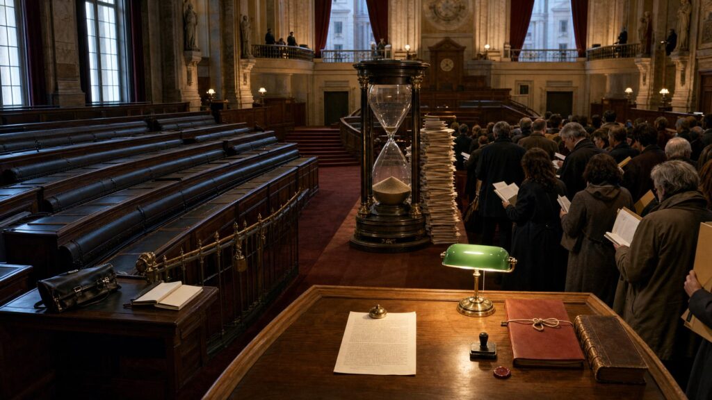 Salle des séances du Sénat vue en plongée : au premier plan, un pupitre de chêne sous une lampe de banquier à abat-jour vert, avec une feuille unique tenue par un presse-papier de bronze, un cachet de cire et un volume relié ; au centre, un sablier monumental presque écoulé et une haute pile de feuillets ; à gauche, les bancs vides du gouvernement dans une lumière bleu-acier, une serviette fermée et une grille de laiton cadenassée ; à droite, un groupe d'auteurs et d'éditeurs vus de dos, portant manuscrits et chemises de contrats dans une lumière chaude.