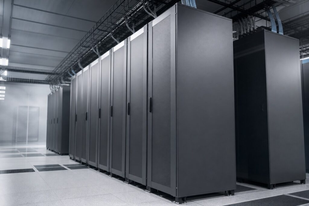Rangées de baies informatiques et de câbles réseau dans une salle technique climatisée