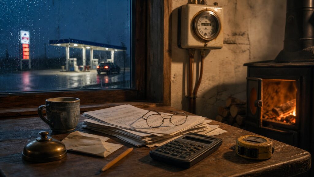 Cuisine rurale le soir : sur une table de chene usee, une pile de factures d'energie aux lignes illisibles, une calculatrice, un metre ruban et des lunettes de lecture ; au mur, un compteur electrique a disque ; par la fenetre couverte de pluie, une station-service isolee eclairee sous son auvent ; a droite, la porte entrouverte d'un poele a bois laisse voir les braises et des buches empilees.