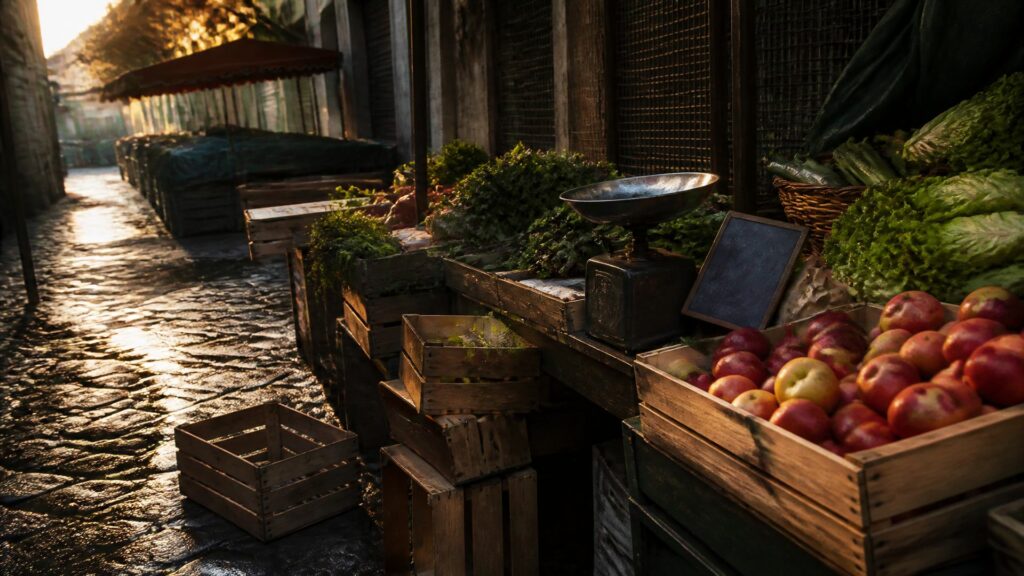 Étal de marché français : cageots de fruits et légumes, cagettes empilées, balance mécanique, ardoise effacée, allée déserte au petit matin.