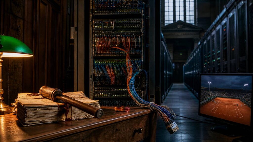Salle de brassage aux murs de pierre : baie réseau ouverte et faisceau de câbles cuivre, un connecteur débranché posé sur un bureau de bois où un dossier scellé et un maillet voisinent avec une lampe ; à droite, un écran montre un court de tennis de nuit. Image éditoriale générée par IA, non documentaire.