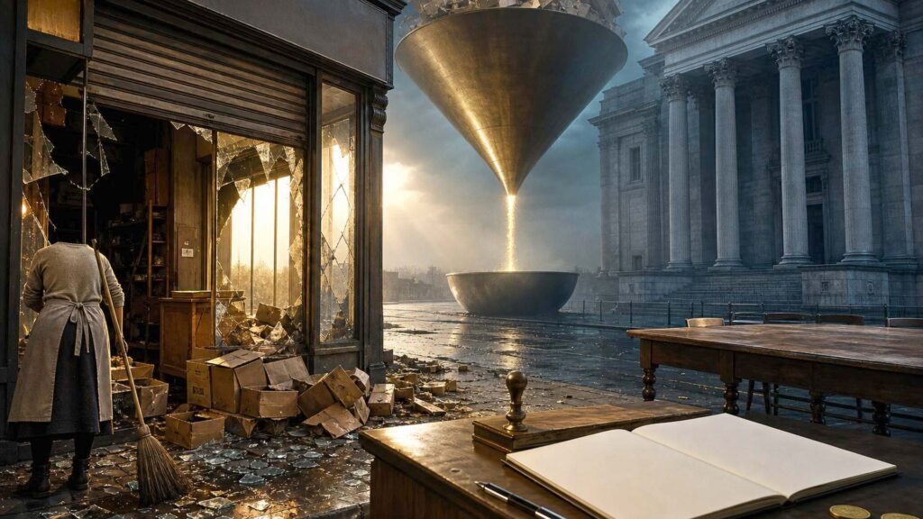 Rue commerçante au petit matin : vitrine brisée, trottoir jonché de verre et de cartons, un dossier d’assurance ouvert sur un comptoir de bois avec tampon et jetons de laiton, façade institutionnelle en pierre blonde à l’arrière-plan sous un entonnoir de bronze suspendu. Aucun visage identifiable, aucun texte.