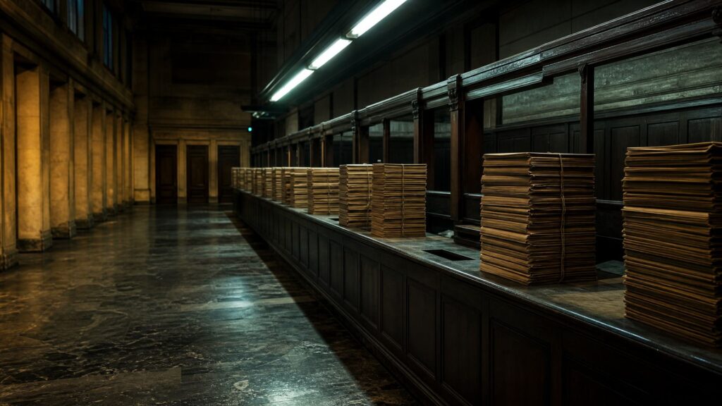 Salle de guichets administratifs déserte, comptoirs de bois couverts de piles de dossiers fermés