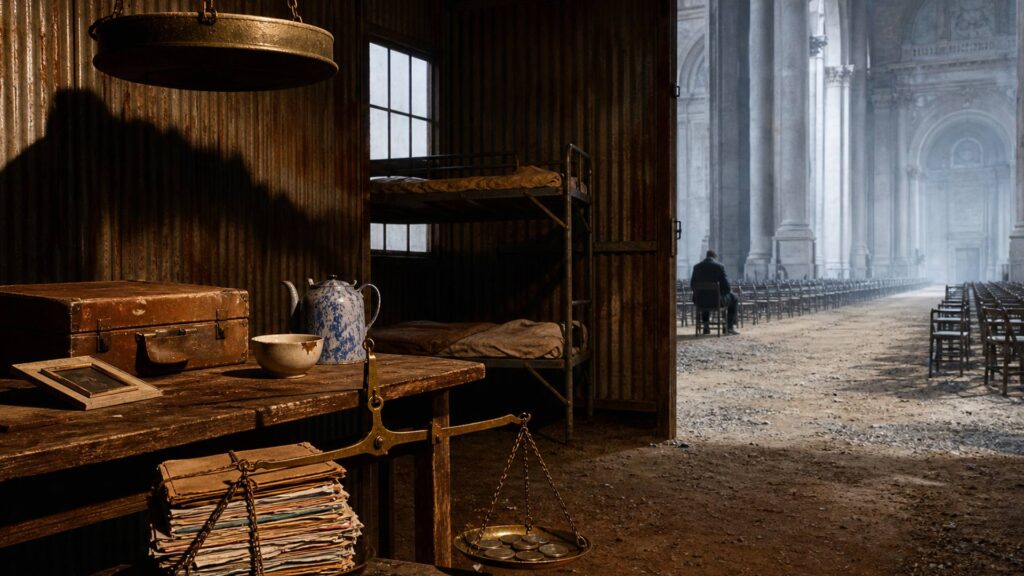 Intérieur d'un baraquement de camp d'accueil pour rapatriés d'Indochine, paroi de tôle ondulée, lit superposé en fer et table en bois portant une valise, un cadre photo retourné et une théière émaillée ; au premier plan, une balance de laiton penchée avec des dossiers d'un côté et des pièces de l'autre ; par l'ouverture, un hall de marbre monumental aux colonnes démesurées et des rangées de chaises vides ; un grand sceau de bronze suspendu projette une ombre en forme de toit sur la table.
