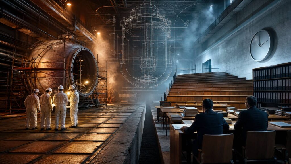 Image éditoriale générée par IA, non documentaire : halle de réacteur nucléaire monumentale, à gauche la cuve d'acier ouverte dans des échafaudages et quatre agents en combinaison blanche vus de dos, à droite une salle d'audition en amphithéâtre avec gradins de bois, dossiers empilés et deux hommes en costume vus de dos ; au centre, une tranchée de béton sépare les deux espaces, sous une surimpression de plan technique de cuve.