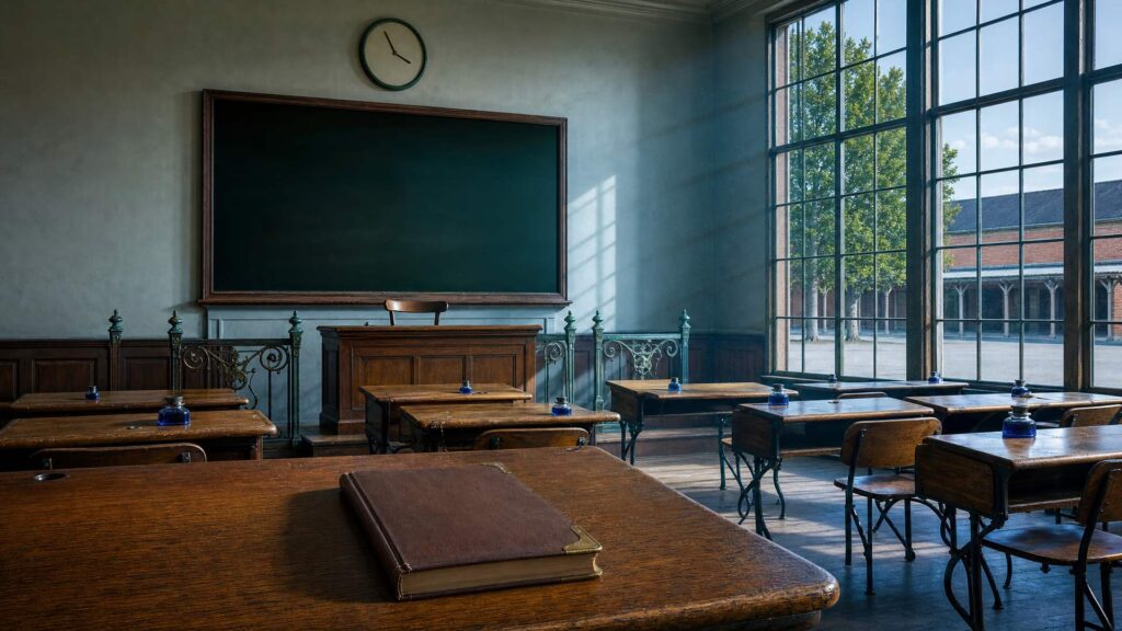 Illustration éditoriale générée par IA : salle de classe ancienne vide, pupitres de bois et encriers, grand tableau noir vierge, horloge au cadran sans chiffres, cour de récréation déserte par la fenêtre ; ne constitue pas une photographie ni une déclaration de la personne représentée.