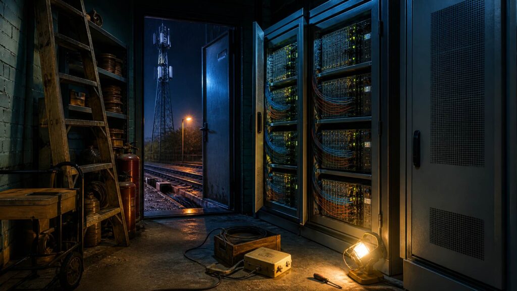 Local technique de télécommunications la nuit : à droite, une baie ouverte montre ses cartes et ses faisceaux de fibre optique, à côté une deuxième baie identique ; au sol, un boîtier de téléassistance, une lampe de chantier et un tournevis ; au fond, par la porte ouverte, un pylône de réseau mobile et une voie ferrée sous la pluie.