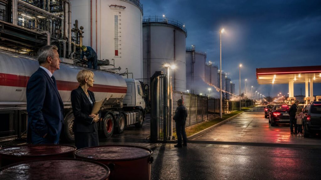 Dépôt de carburant au crépuscule: cuves cylindriques blanches et camion-citerne à gauche, deux responsables devant un portail, et à droite une station-service éclairée où des automobilistes attendent près des pompes.