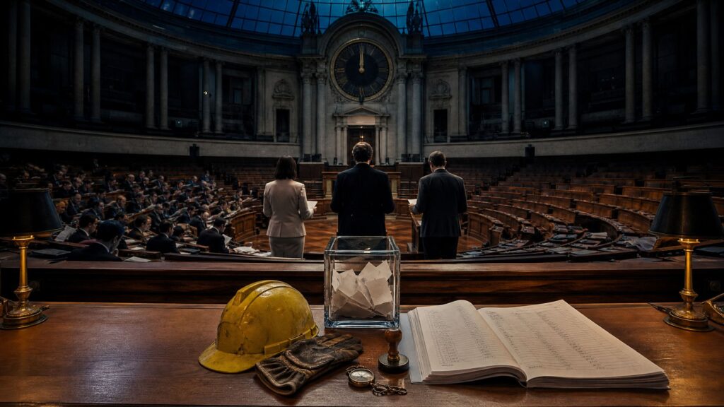 Hémicycle de l'Assemblée nationale vu depuis la tribune, séance de nuit : une urne de verre remplie de bulletins sur la sellette, un casque de chantier et un gant de travail posés à côté d'un dossier budgétaire ouvert, deux groupes de députés de dos séparés par l'allée centrale, trois silhouettes debout à la tribune, aucune visibilité de face, une horloge monumentale au fond.