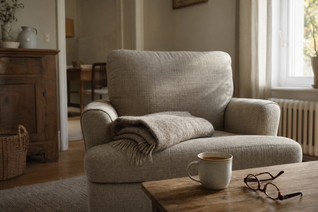 Fauteuil en tissu avec une couverture pliée dans un intérieur clair et lumineux