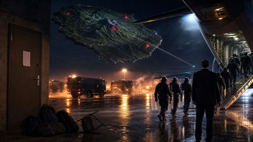 Tarmac d'aéroport tropical la nuit : une colonne de gendarmes mobiles casqués descend la rampe d'un avion cargo, camions bleus et vapeur au sol ; au premier plan, une porte d'amphithéâtre fermée avec une feuille agrafée et des sacs abandonnés ; au-dessus, une île montagneuse en relief, quatre zones rouges et une ligne pointillée vers l'horizon.