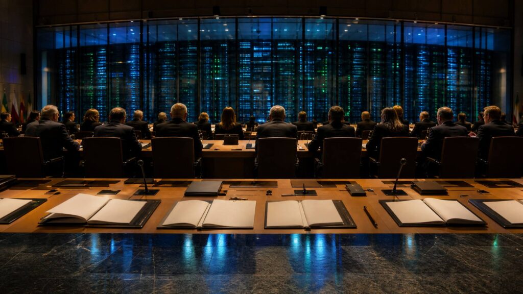 Vue arrière d’une salle du Conseil de l’Union européenne : des participants en costume assis de dos devant une longue table de bois couverte de dossiers vierges, de chemises et de micros, face à une paroi lumineuse bleue et verte ; des drapeaux sans emblème lisible à gauche.