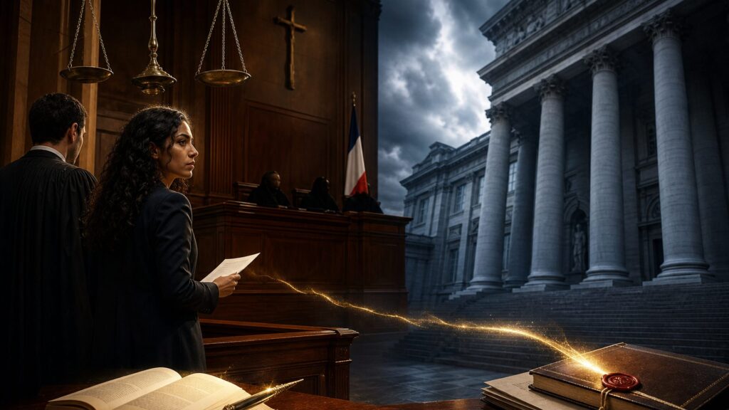 Une femme brune en tailleur sombre, debout à la barre d'une salle d'audience en acajou, tient une feuille ; à droite une table de greffe porte un dossier scellé et un livre ouvert, reliés par un fin tracé doré ; en surimpression, la façade à colonnes du palais de justice sous un ciel d'octobre.
