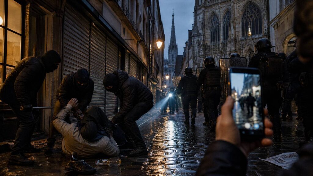 Rue pavée au crépuscule : un homme à terre, trois hommes encagoulés penchés sur lui, une ligne de policiers casqués et boucliers derrière, un téléphone qui filme au premier plan, la flèche de la cathédrale au fond.
