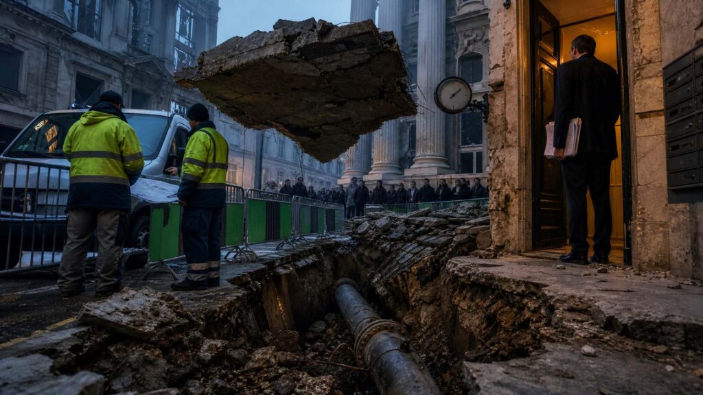 À l'aube, angle d'une rue parisienne après une explosion de gaz : tranchée ouverte dans le trottoir, canalisation de fonte mise à nu, plaque de trottoir fissurée suspendue au-dessus de la chaussée, deux agents en gilet fluo penchés sur un plan près d'une camionnette, un homme en costume tenant des devis devant une porte cochère, colonnes d'un palais de justice et horloge sans chiffres à l'arrière-plan.