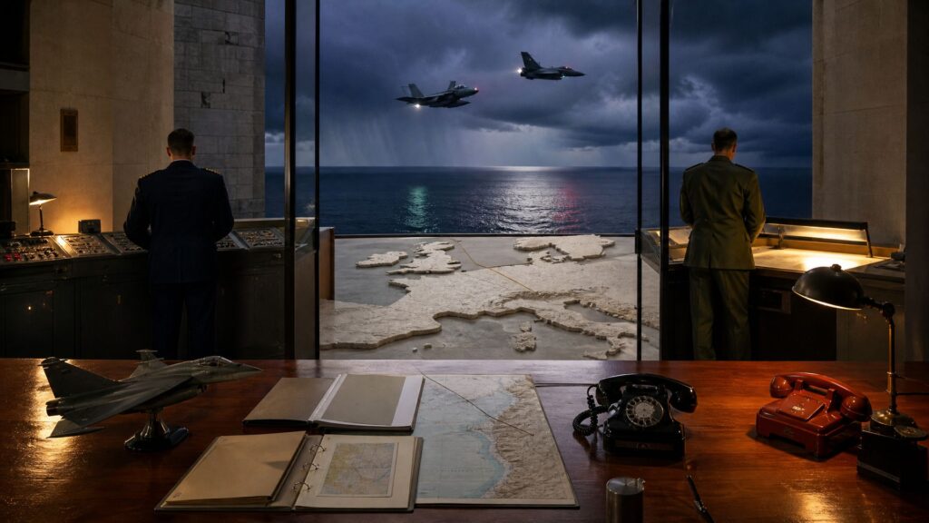 Salle de commandement en pierre ouverte sur une mer d'orage : au premier plan, une table de bois avec deux dossiers ouverts, une carte marine, un téléphone rouge et une maquette de chasseur ; au fond, deux officiers vus de dos devant des consoles, et deux avions de chasse au-dessus de l'eau.