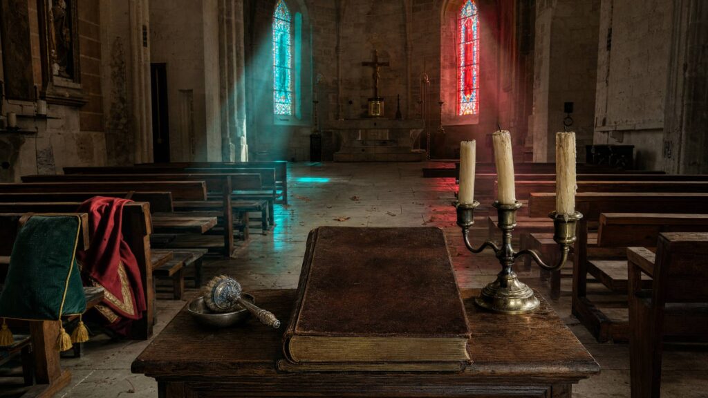 Illustration éditoriale générée par IA : nef d’église de village vide, bancs déserts, registre paroissial fermé sur un pupitre, cierges éteints, lumière turquoise et rouge des vitraux ; ne constitue pas une photographie ni une déclaration de la personne représentée.