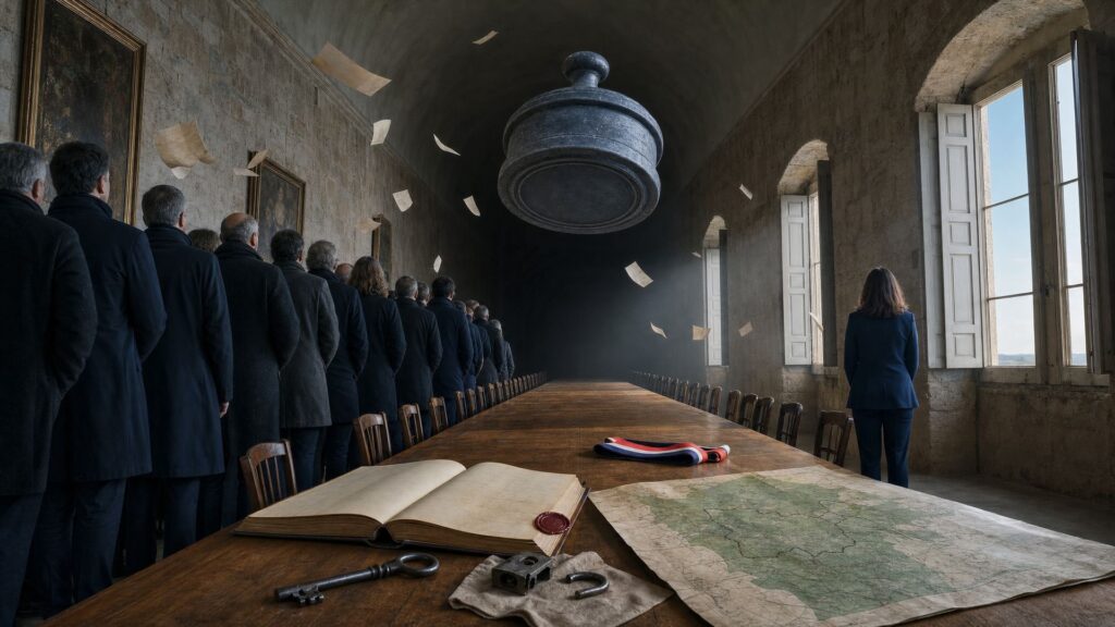 Image éditoriale générée par IA, non documentaire : salle de conseil en pierre d'un village du Gard, longue table de bois portant un registre ouvert à cachet rouge, une grande clé de fer, un cadenas et une carte des bois communaux ; à gauche une file d'élus en manteaux sombres vus de dos, à droite une femme seule en tailleur bleu nuit debout de dos, un sceau monumental suspendu au-dessus de la table