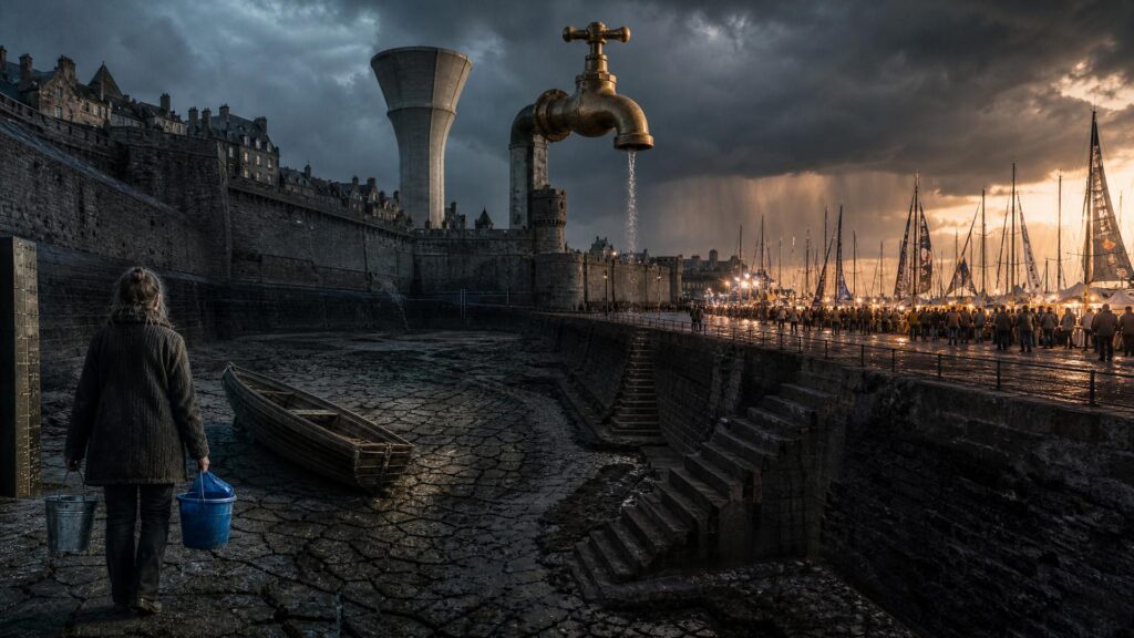 Image éditoriale générée par IA, non documentaire : bassin d’eau potable à sec au pied des remparts de Saint-Malo, sol craquelé, barque échouée, robinet monumental réduit à un filet d’eau, femme de dos portant deux seaux, marina et lumières du quai dans un ciel de tempête.