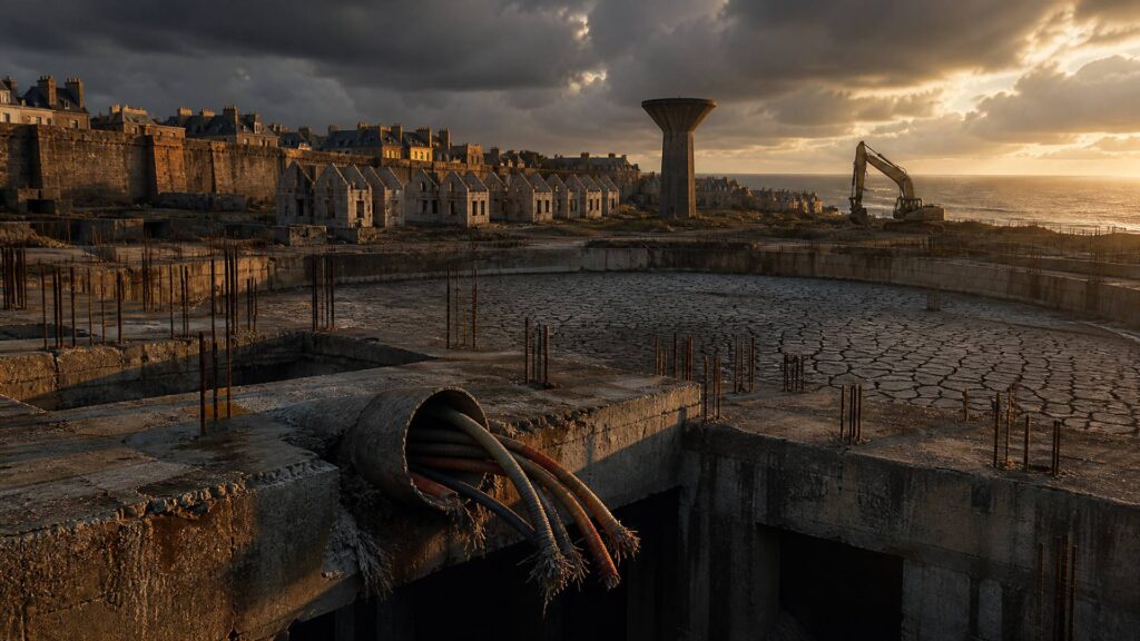 Image éditoriale générée par IA, non documentaire : chantier de lotissement arrêté au bord d'une ville côtière fortifiée, bassin de rétention à sec au fond craquelé, conduite d'eau sectionnée au premier plan, maisons inachevées sans toit, pelleteuse immobile, mer et ciel d'orage en arrière-plan. Aucun texte, aucun visage.