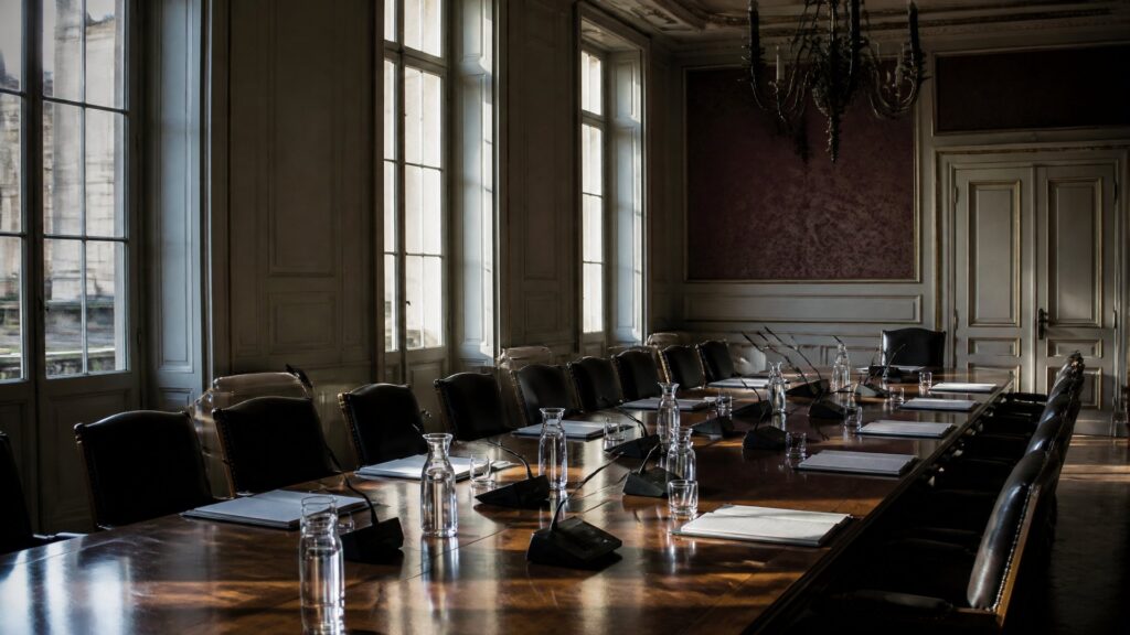 Salle de réunion ministerielle vide : longue table de bois ciré, chaises alignées, micros de conférence, carafes et dossiers vierges, hautes fenêtres fermées.