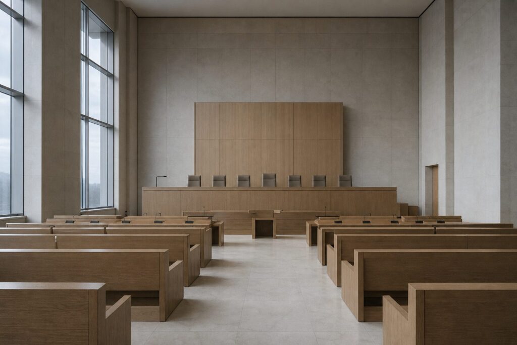 Salle d'audience déserte d'un tribunal international, bancs de bois et haute verrière