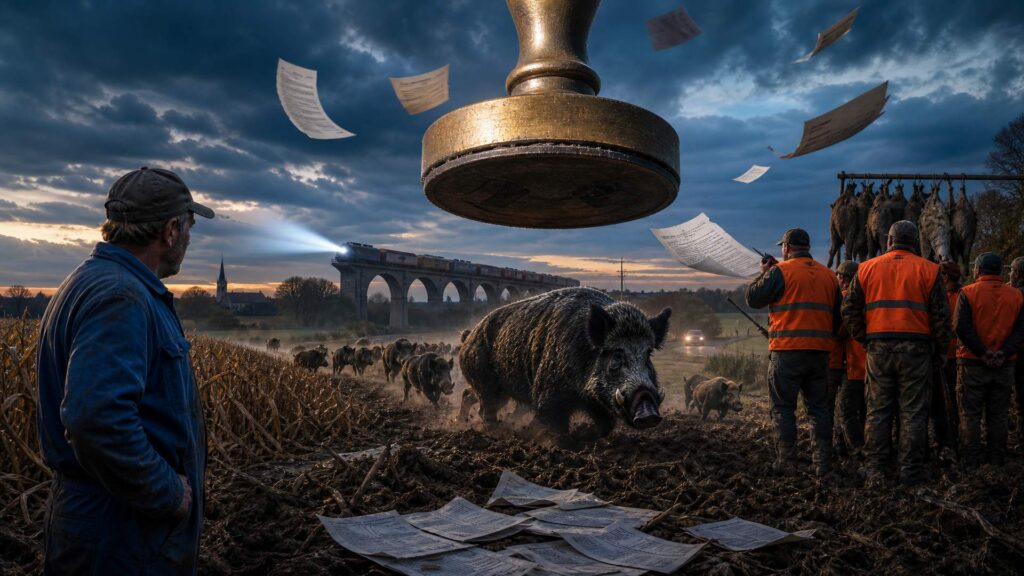 Plaine agricole au crépuscule : à gauche, un agriculteur anonyme en bleu de travail et casquette regarde un champ de maïs ravagé et un sol labouré ; au centre, une harde de sangliers traverse la parcelle, un mâle imposant au premier plan ; à droite, des chasseurs anonymes en gilets orange vus de dos, carabines et tableau de chasse ; au-dessus d'eux, un tampon administratif de bronze géant et des feuilles d'indemnisation qui volent ; à l'arrière-plan, un train de marchandises sur un viaduc de pierre, une route et un clocher. Aucune personne identifiable.