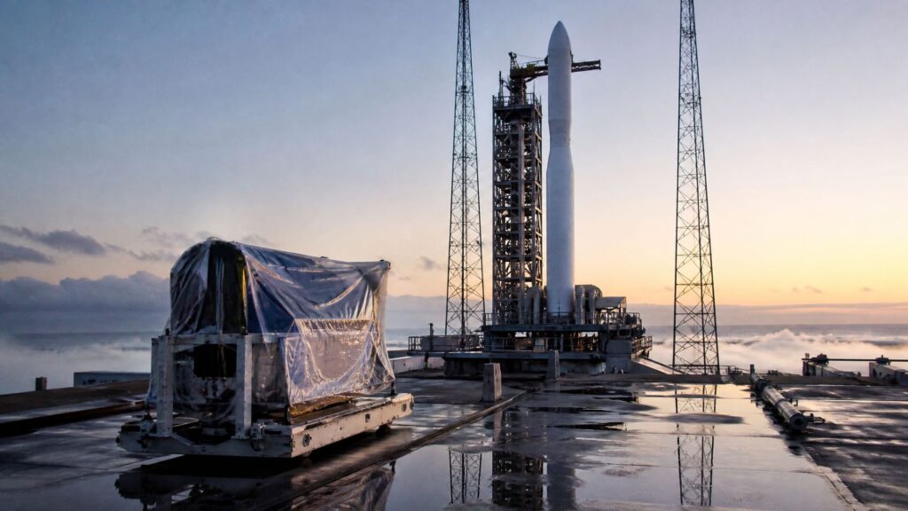 Fusée générique sur son pas de tir au bord de l'océan, un satellite sous housse au premier plan