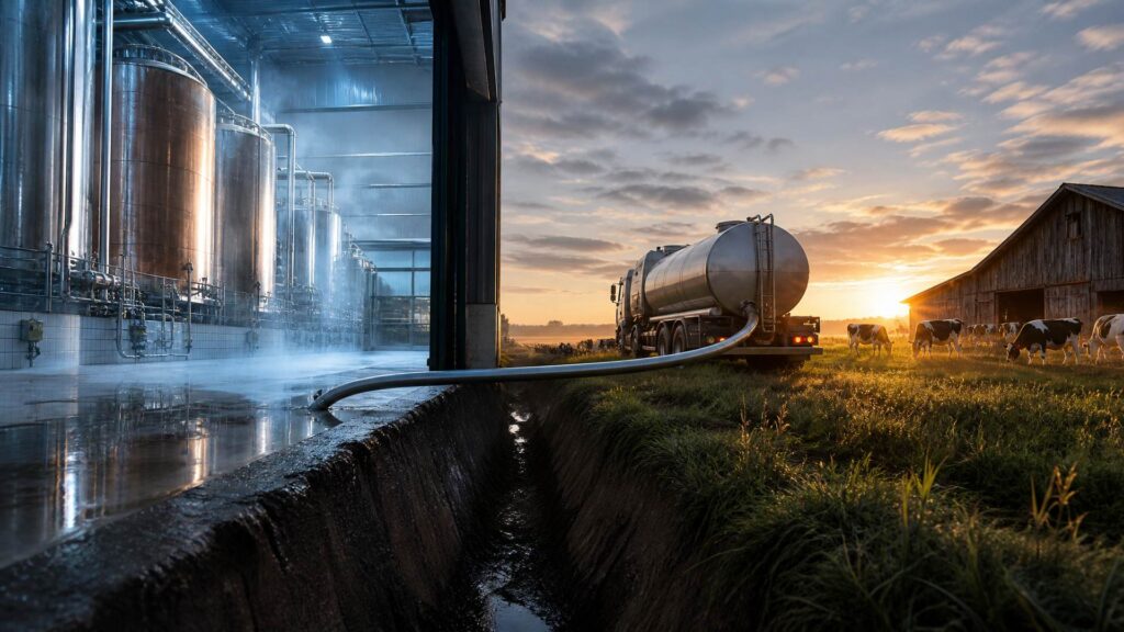 Cuves d'acier d'une fromagerie industrielle reliees par un tuyau a un camion de collecte de lait, face a une prairie, une etable et des vaches au lever du soleil.