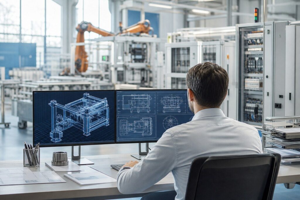Technicien consultant des plans techniques sur écran dans un atelier industriel aux bras robotisés.